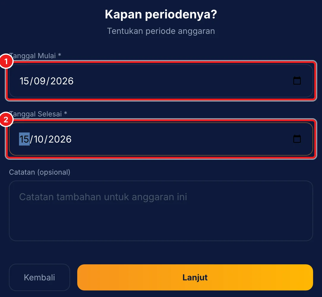 Langkah 3: Isi Tanggal Mulai, Tanggal Selesai, dan Catatan bila perlu, lalu tekan Lanjut.