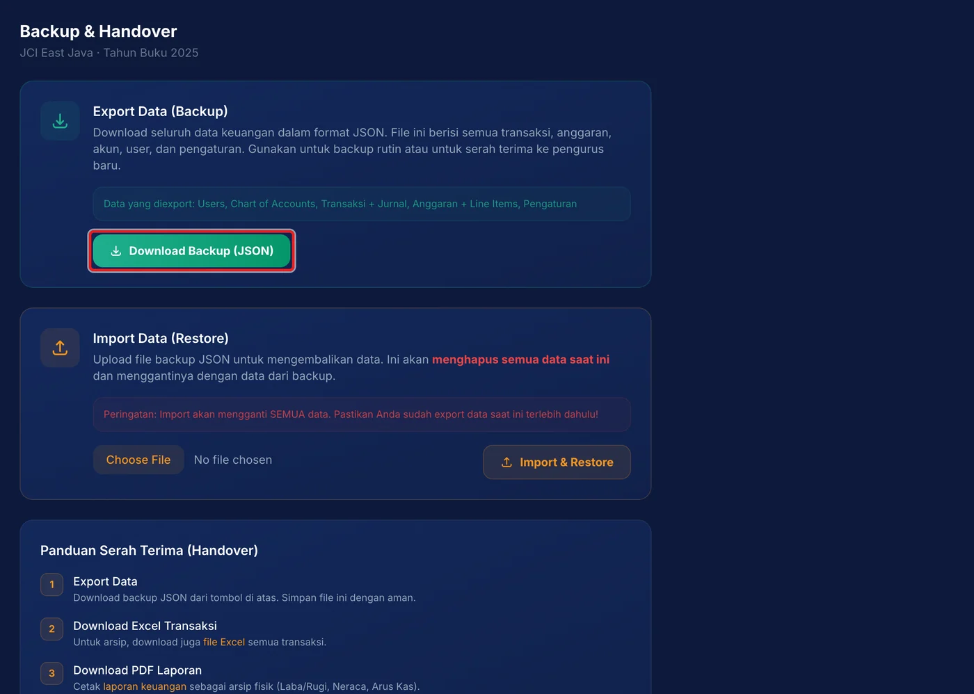 Langkah 2: Tekan Download Backup (JSON) untuk mengunduh users, bagan akun, transaksi dan jurnal, anggaran, serta pengaturan.