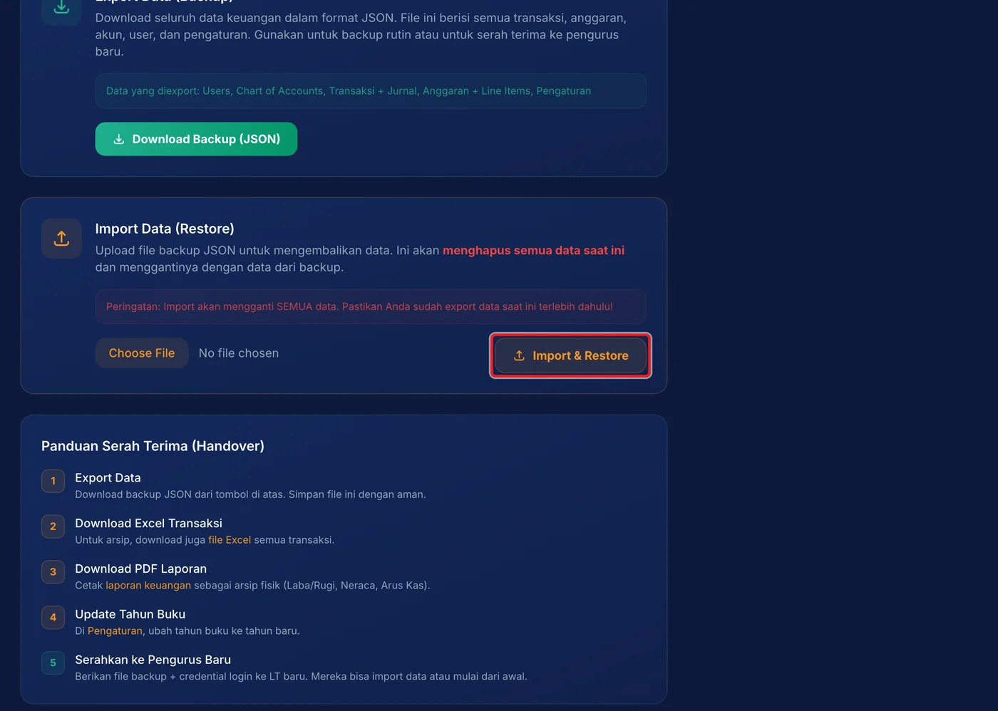 Langkah 3: Untuk memulihkan, unggah file backup pada Import Data (Restore) lalu tekan Import & Restore. Import mengganti seluruh da