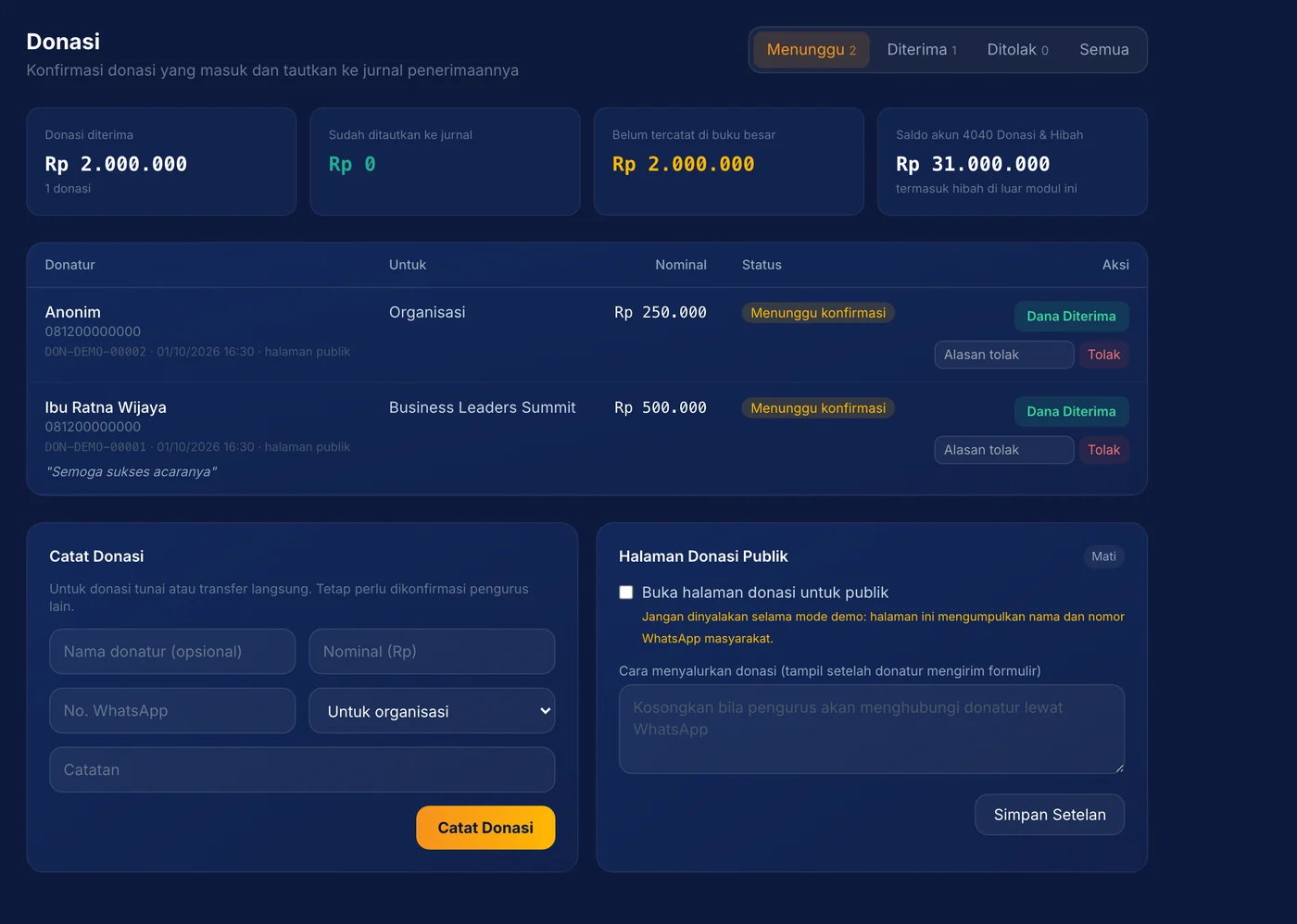 Langkah 2: Setelah dana benar-benar masuk ke rekening, tekan Dana Diterima. Bila tidak, isi alasan lalu tekan Tolak.