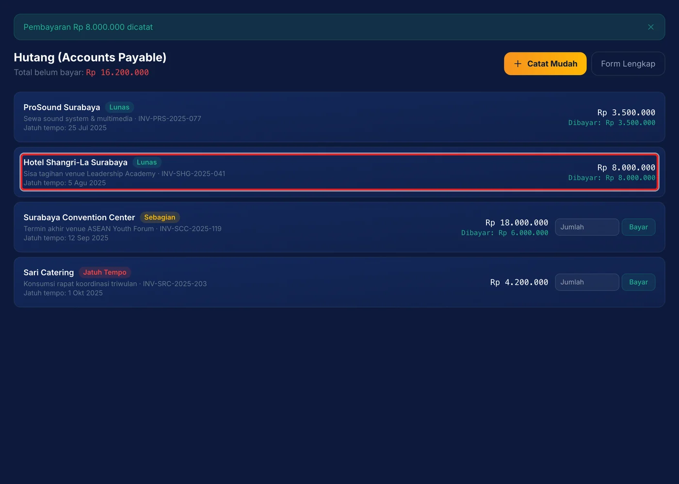 Langkah 2: Periksa status tagihan: Lunas bila dibayar penuh, Sebagian bila masih ada sisa.