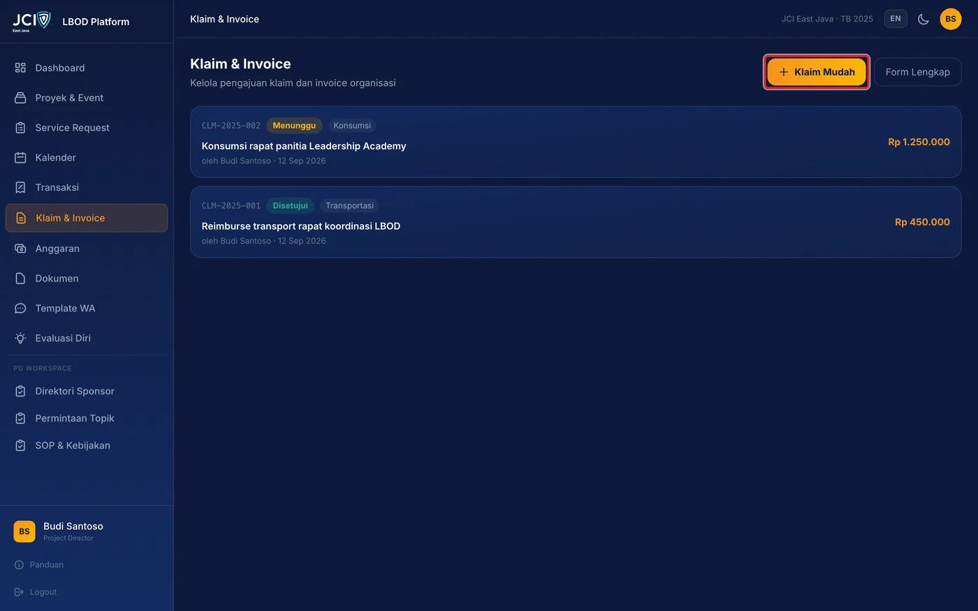 Langkah 1: Pada halaman Klaim & Invoice, tekan Klaim Mudah.