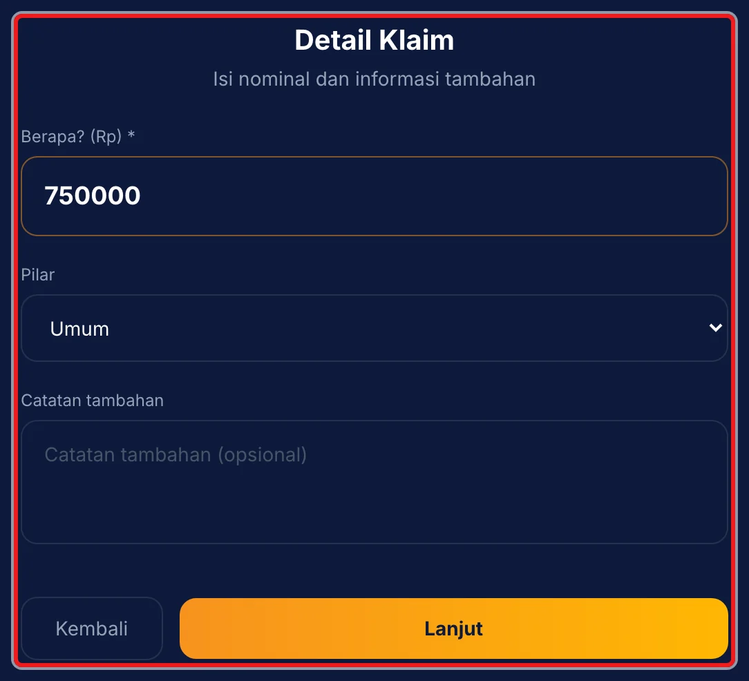 Langkah 3: Isi Nominal (Rp), Pilar, dan catatan tambahan, lalu tekan Lanjut.