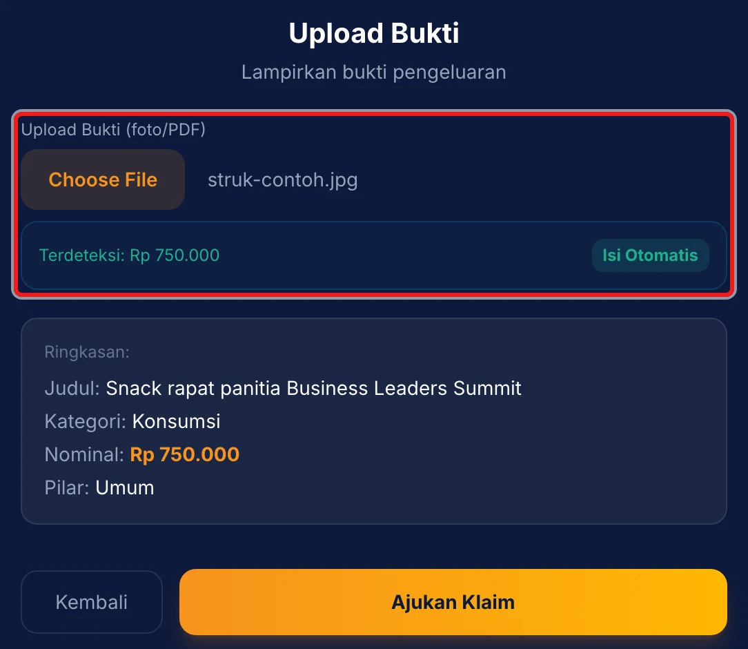 Langkah 4: Unggah foto nota atau invoice sebagai bukti, lalu tekan tombol ajukan.