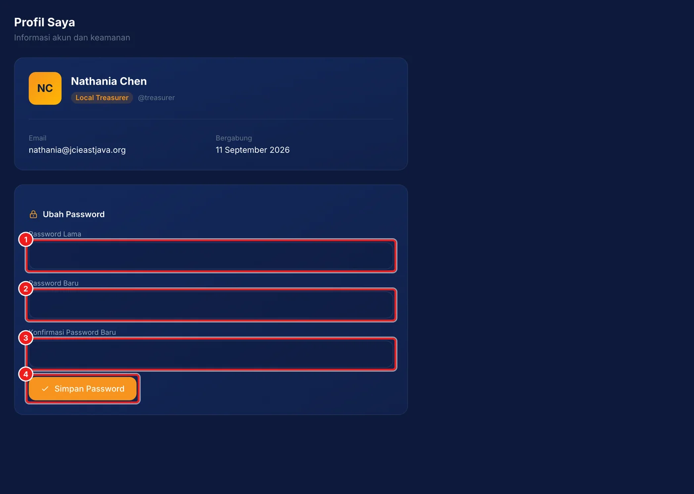 Langkah 2: Pada bagian Ubah Password, isi Password Lama, Password Baru, dan Konfirmasi Password Baru, lalu tekan Simpan Password.