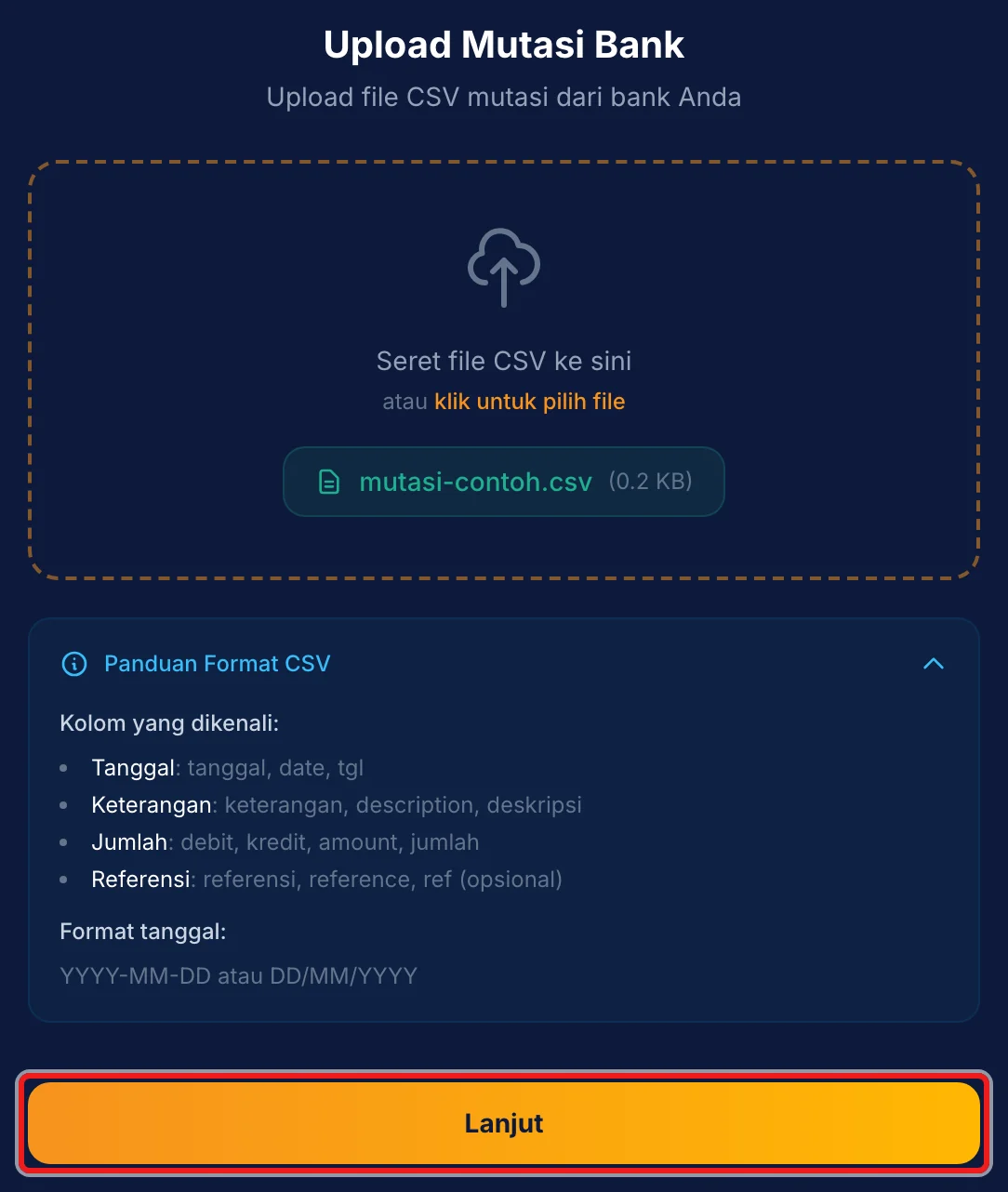 Langkah 3: Seret file CSV ke area unggah atau klik untuk memilih file, lalu tekan Lanjut.