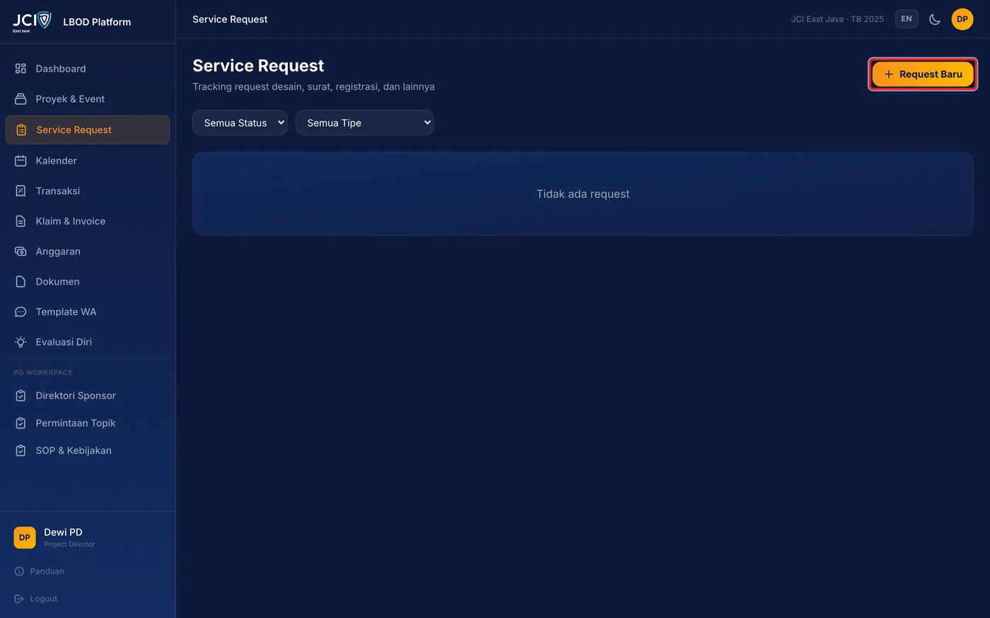 Langkah 1: Pada halaman Service Request, tekan Request Baru.