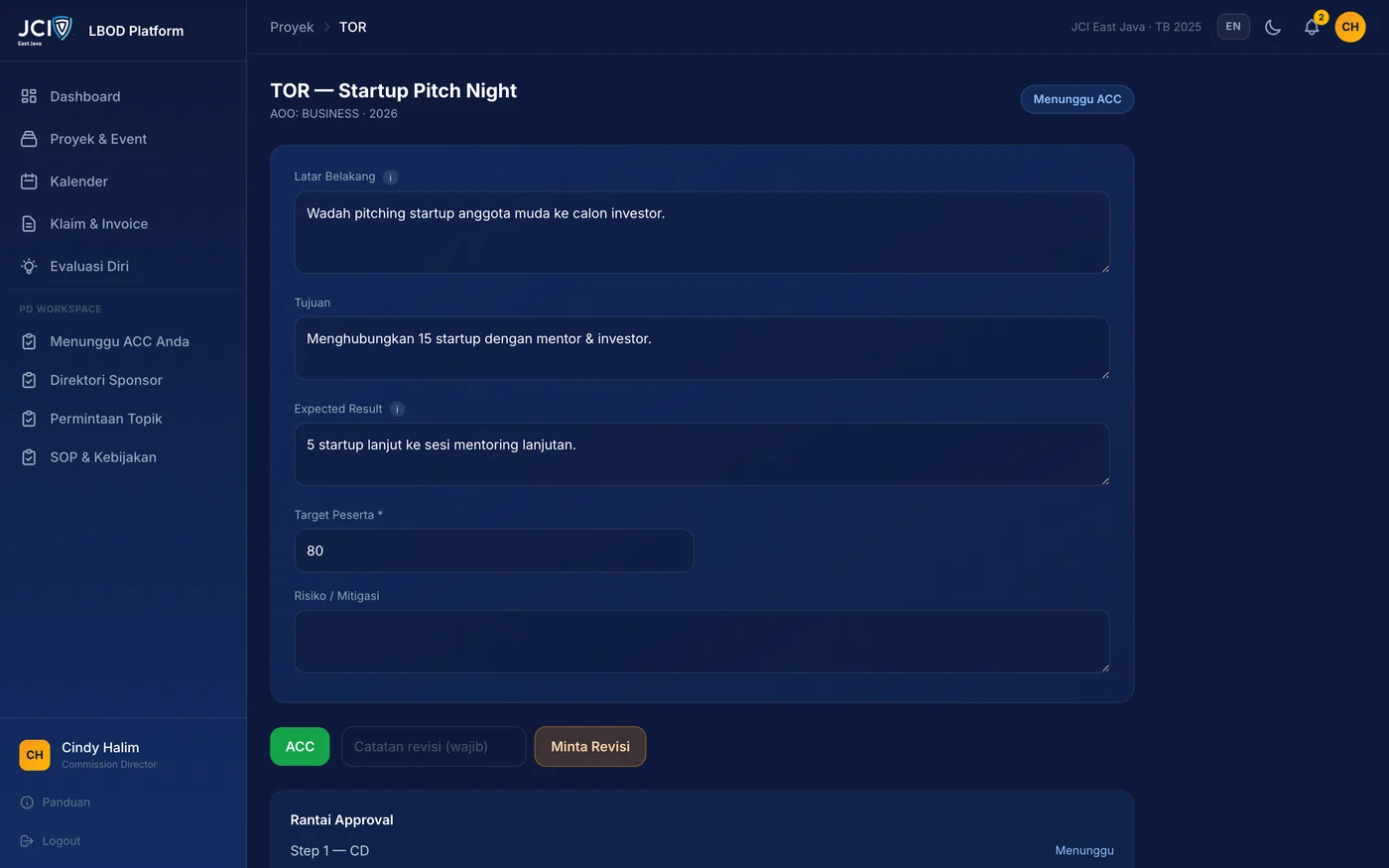 Langkah 2: Buka TOR tersebut dan baca isinya. Bagian Rantai Approval menunjukkan giliran Anda.