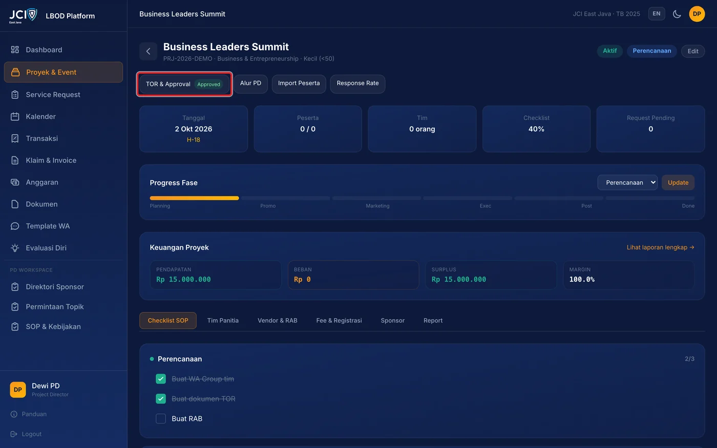 Langkah 1: Pada detail proyek, tekan TOR & Approval.