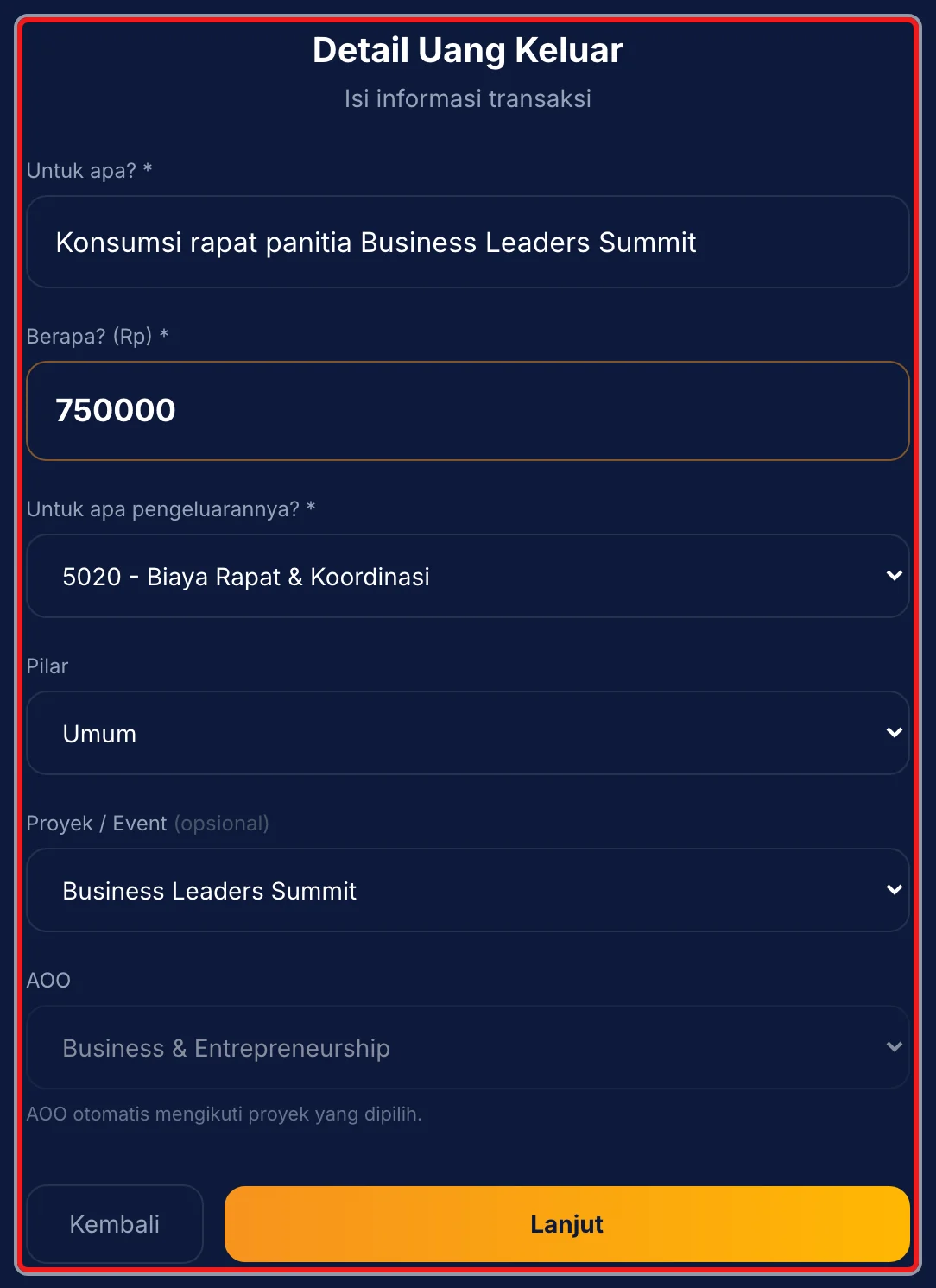Langkah 3: Isi detail transaksi, lalu tekan Lanjut: