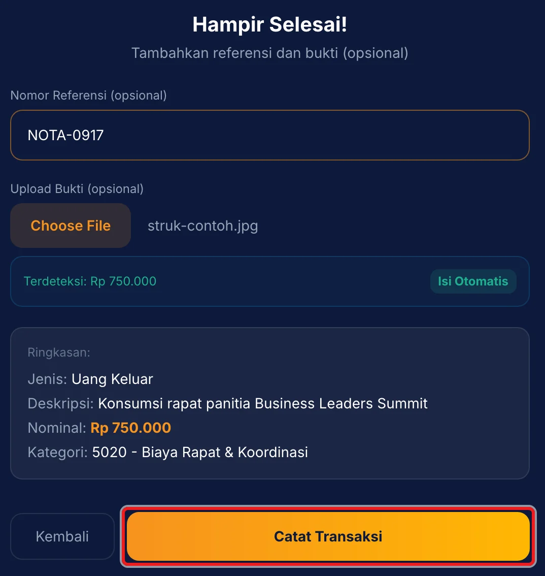 Langkah 4: Isi Nomor Referensi bila ada, dan unggah foto struk atau invoice pada Upload Bukti. Tekan Catat Transaksi.