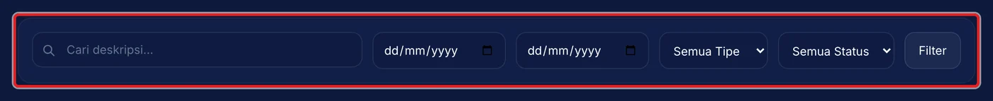 Langkah 3: Isi kata kunci, rentang tanggal, Tipe, atau Status pada baris filter, lalu tekan Filter.